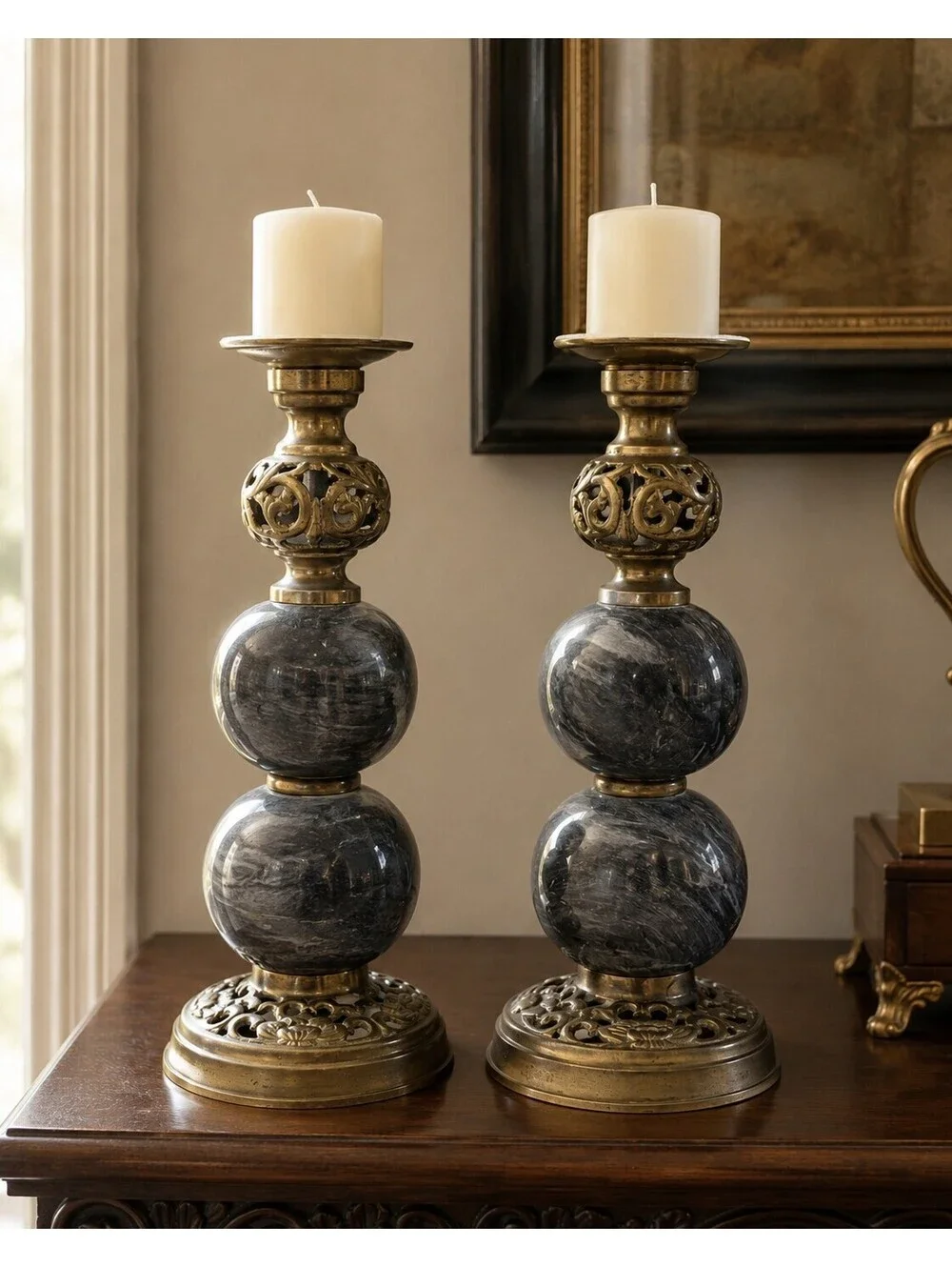Vintage Indian Brass Marble Pricket Candlesticks Pair 12.25 Inch